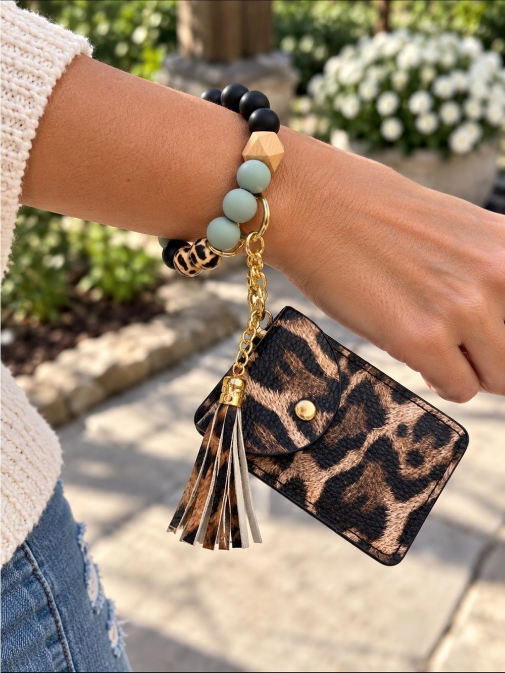 NWOT Leopard Print Wristlet Card Holder Keychain with Tassel - Brown